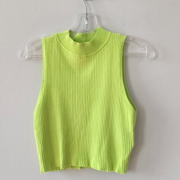 H&M Neon Green Turtleneck Sleeveless Crop Top Size Medium - Picture 1 of 3
